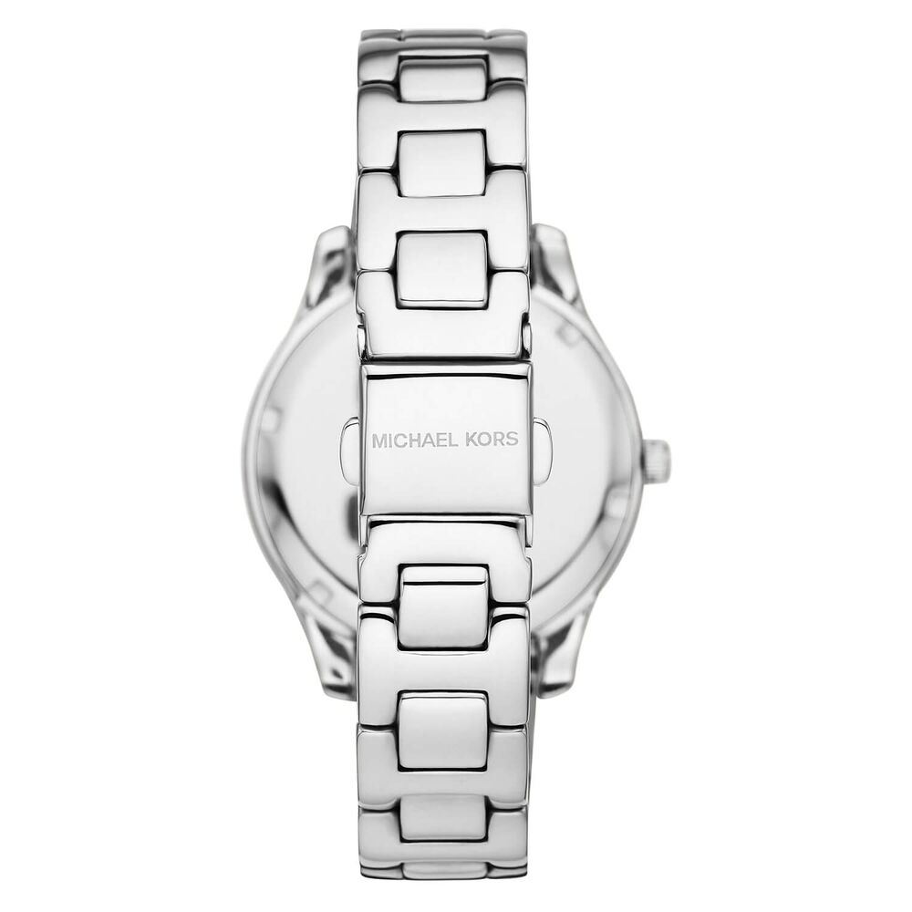 Michael Kors Liliane 36mm Mother of Pearl Dial Rose Gold Indexes Cubic Zirconia Set Bezel Steel Case Bracelet Watch
