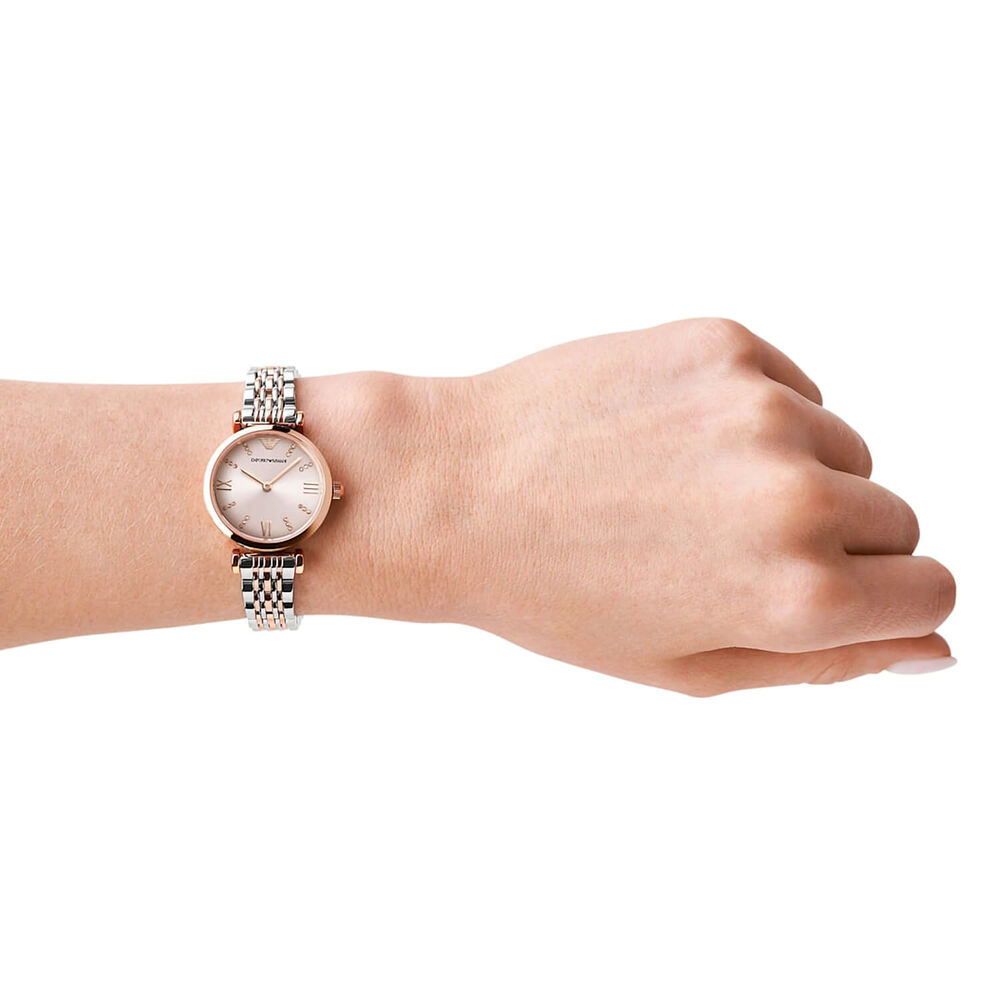Emporio Armani Gianni T-Bar 28mm Rose Dial Two Tone Steel Bracelet Watch