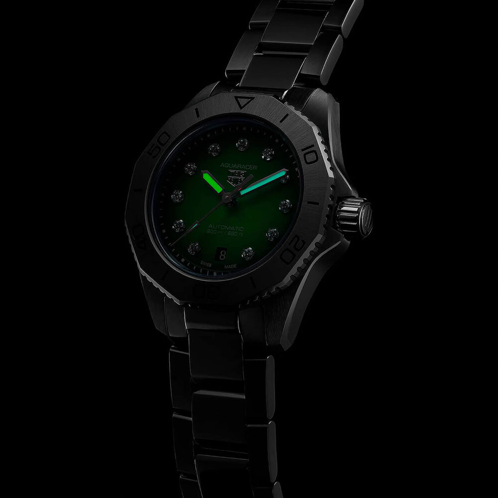 TAG Heuer Aquaracer Professional 200 Date 30mm Green Dial Diamond Dots Steel Bracelet Watch image number 3