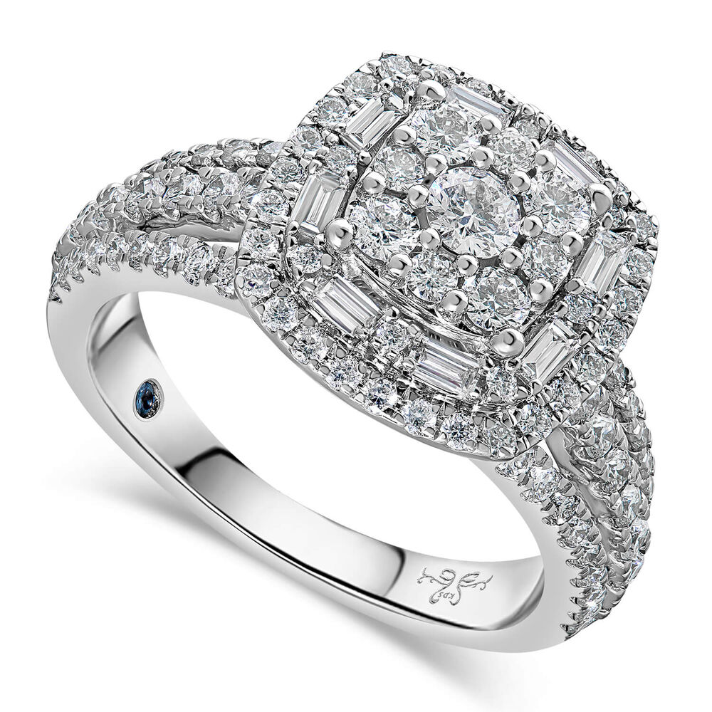 Kathy De Stafford 18ct White Gold ''Annalise'' Square Double Halo Cluster & 3 Row Split Shoulders 1ct Ring