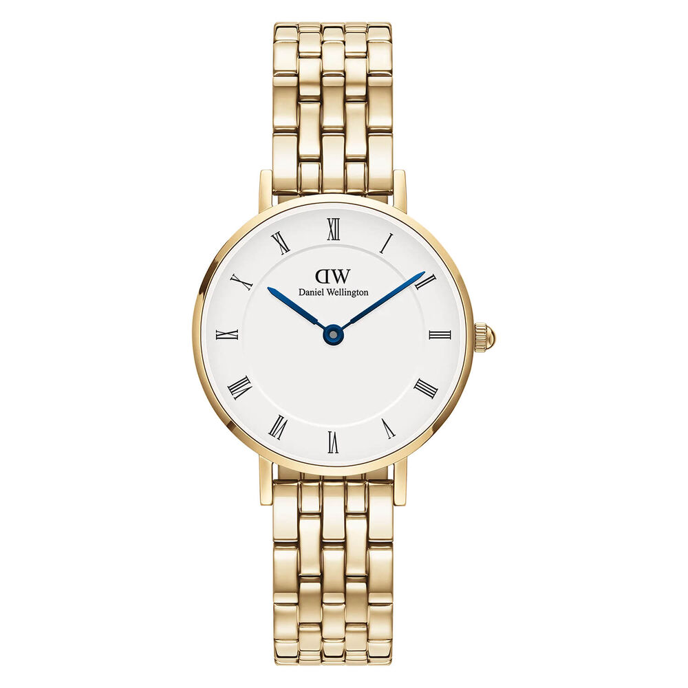 Daniel Wellington Petite Roman Numerals 28mm White Dial 5-Link Gold PVD Bracelet Watch