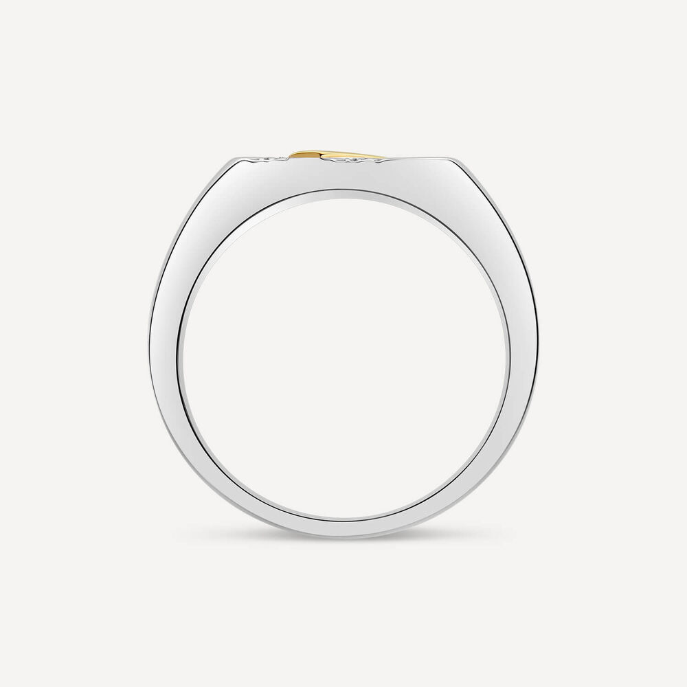 Gents Sterling Silver & 9ct Yellow Gold Flat Top 2 Line 0.002ct Diamond Set Ring