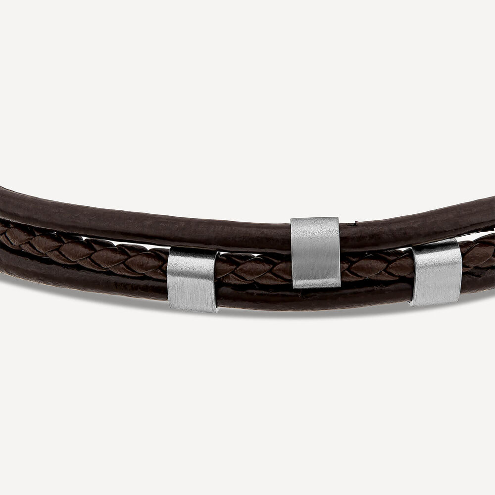 Gents Steel & Brown Leather 3 Strap Bracelet image number 3