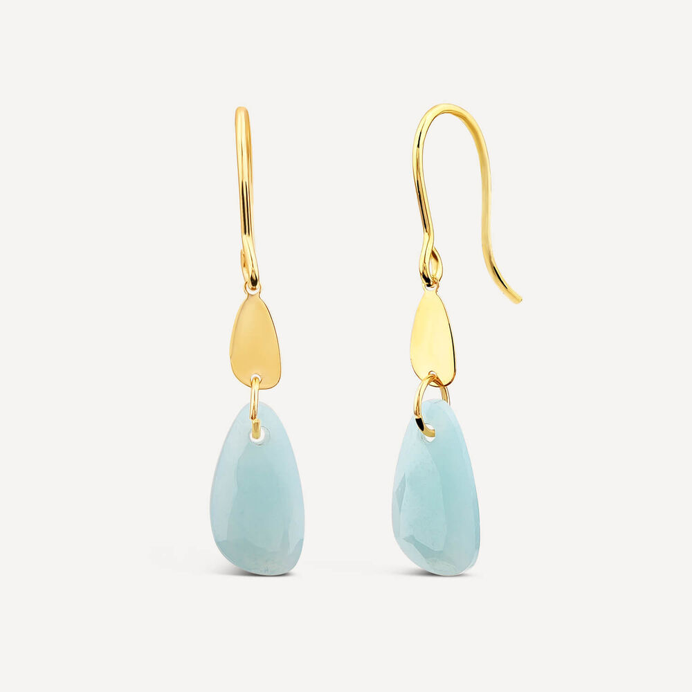 9ct Yellow Gold Polished Disc & Amazonite Blue Drop Earrings image number 1