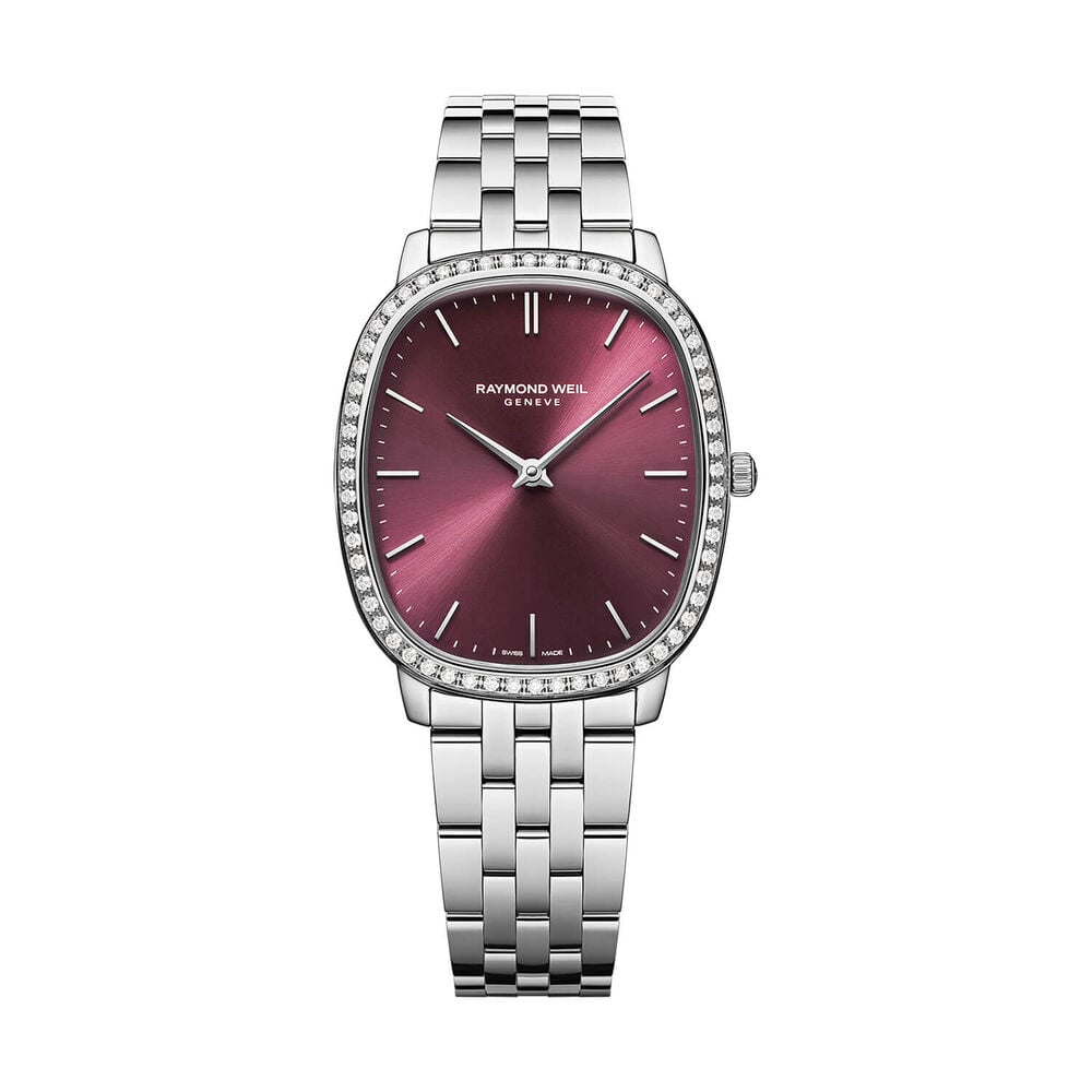 Raymond Weil Toccata Heritage 31x36mm Red Grape Dial Diamond Set Bezel Steel Bracelet Watch