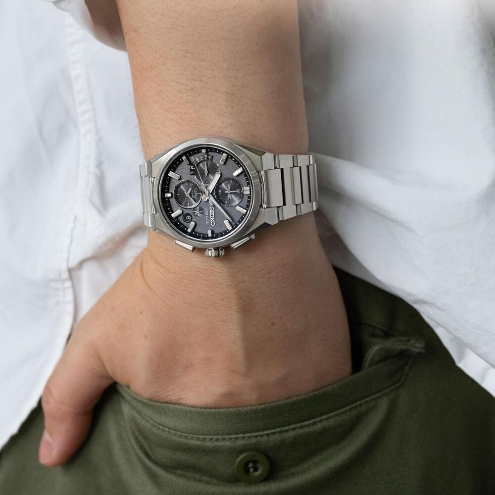 Seiko Astron GPS Solar 5X Dual-Time Chronograph Celestial Grey Dial Titanium Bracelet Watch image number 5