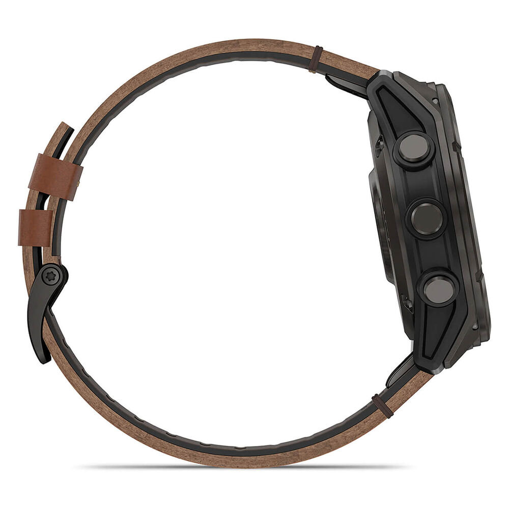 Garmin fenix 8 Pro AMOLED 51mm Carbon Grey DLC Titanium Case Brown Leather Strap Watch image number 5
