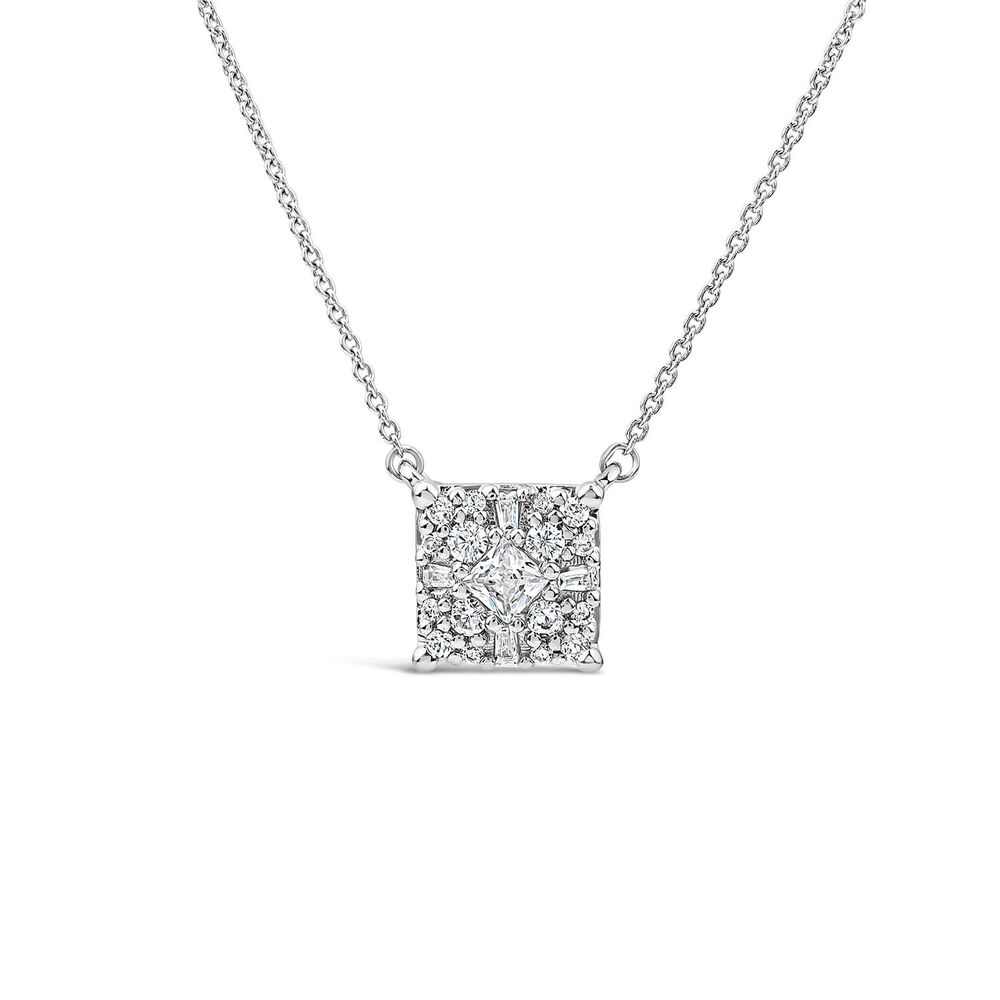 9ct White Gold 0.33ct Cluster Baguette & Round Diamond Square Shaped Pendant