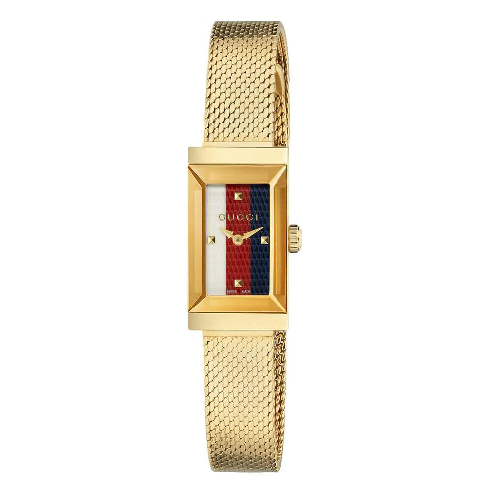 Pre-Owned Gucci G-Frame Striped Rectangular Dial Yellow Gold Mesh Bracelet Watch