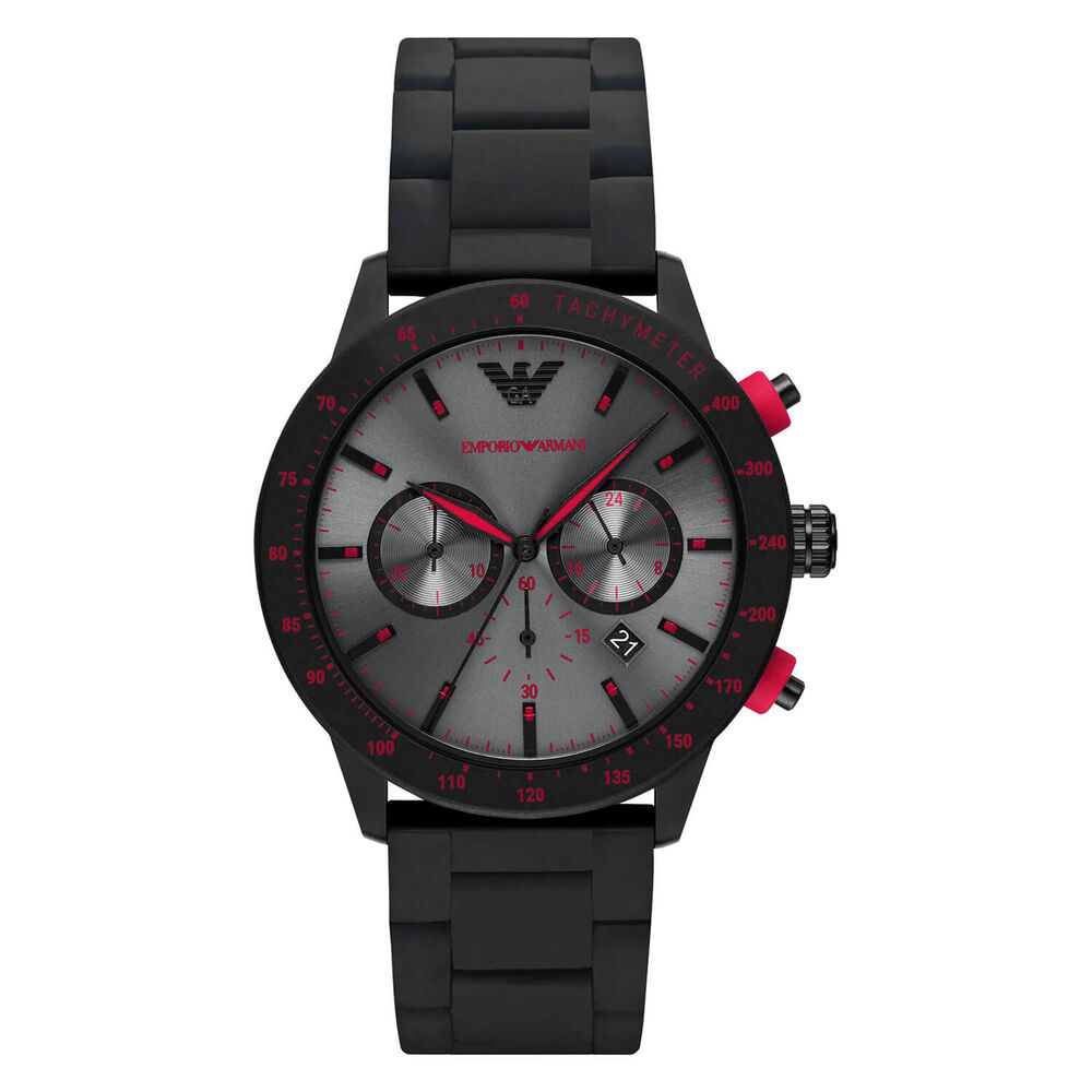Emporio Armani Mario 43mm Grey Dial Red Detail Chronograph Black PVD Bracelet Watch