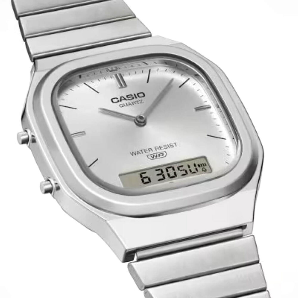 Casio Vintage 40.9x35.8mm Silver Dial Dual Display Stainless Steel Bracelet Watch