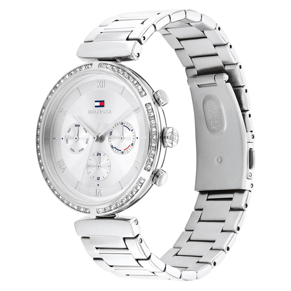 Tommy Hilfiger 38mm Silver Dial Cubic Zirconia Set Bezel  Steel Case Bracelet Watch