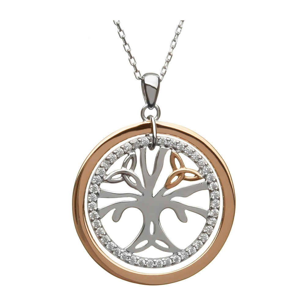 House of Lor 9ct Rose Gold & Crystal Tree of Life Trinity Knot Pendant image number 0