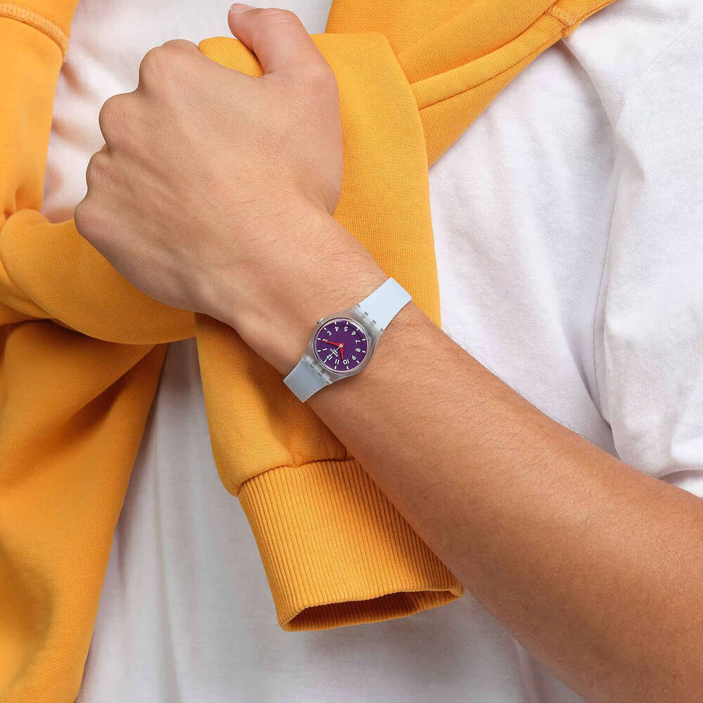 Swatch Powder Plum 25mm Purple Dial Blue Strap Watch image number 6