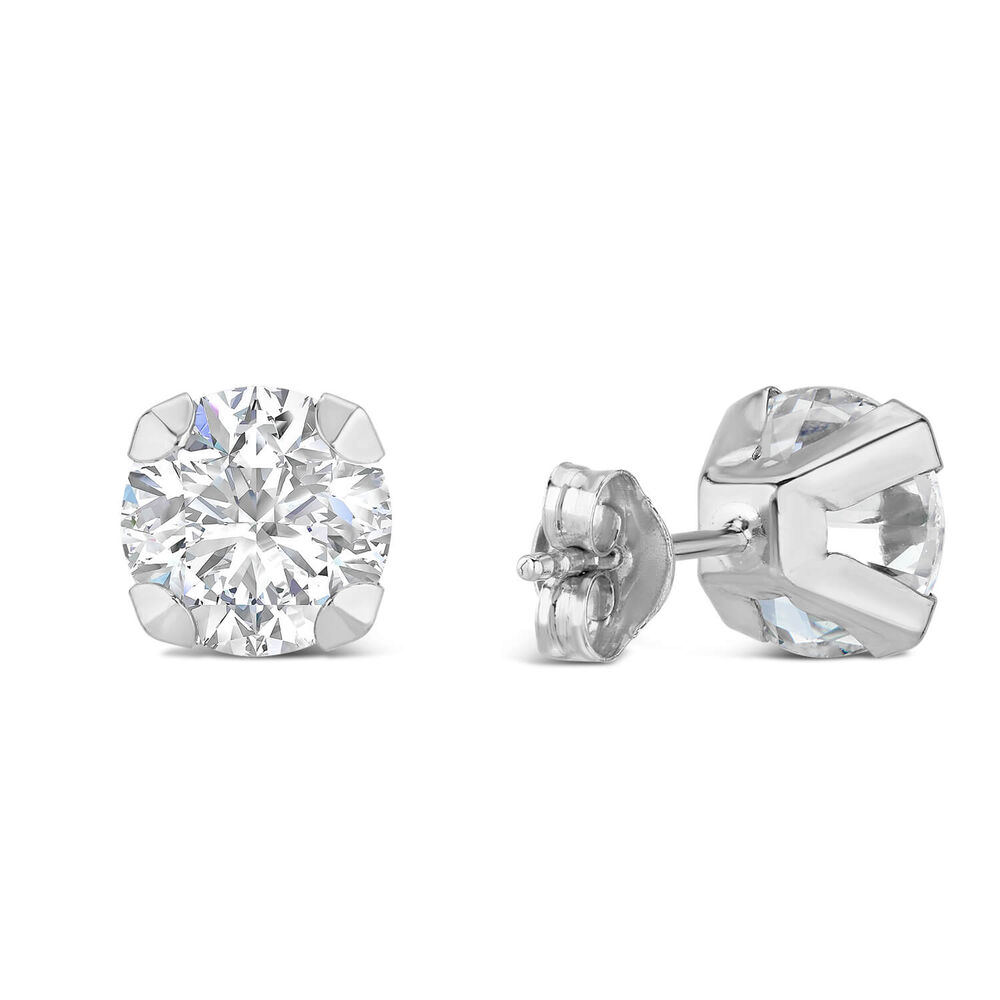 9ct White Gold 7MM Four Claw Cubic Zirconia Stud Earrings image number 4