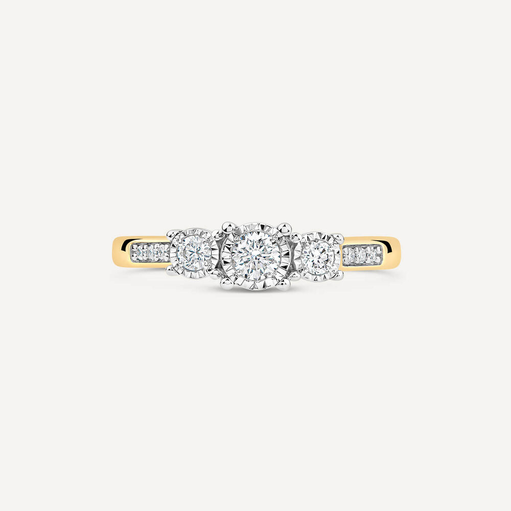 9ct Yellow Gold 0.33ct Illusion Three Stones & Diamond Shoulders Ring