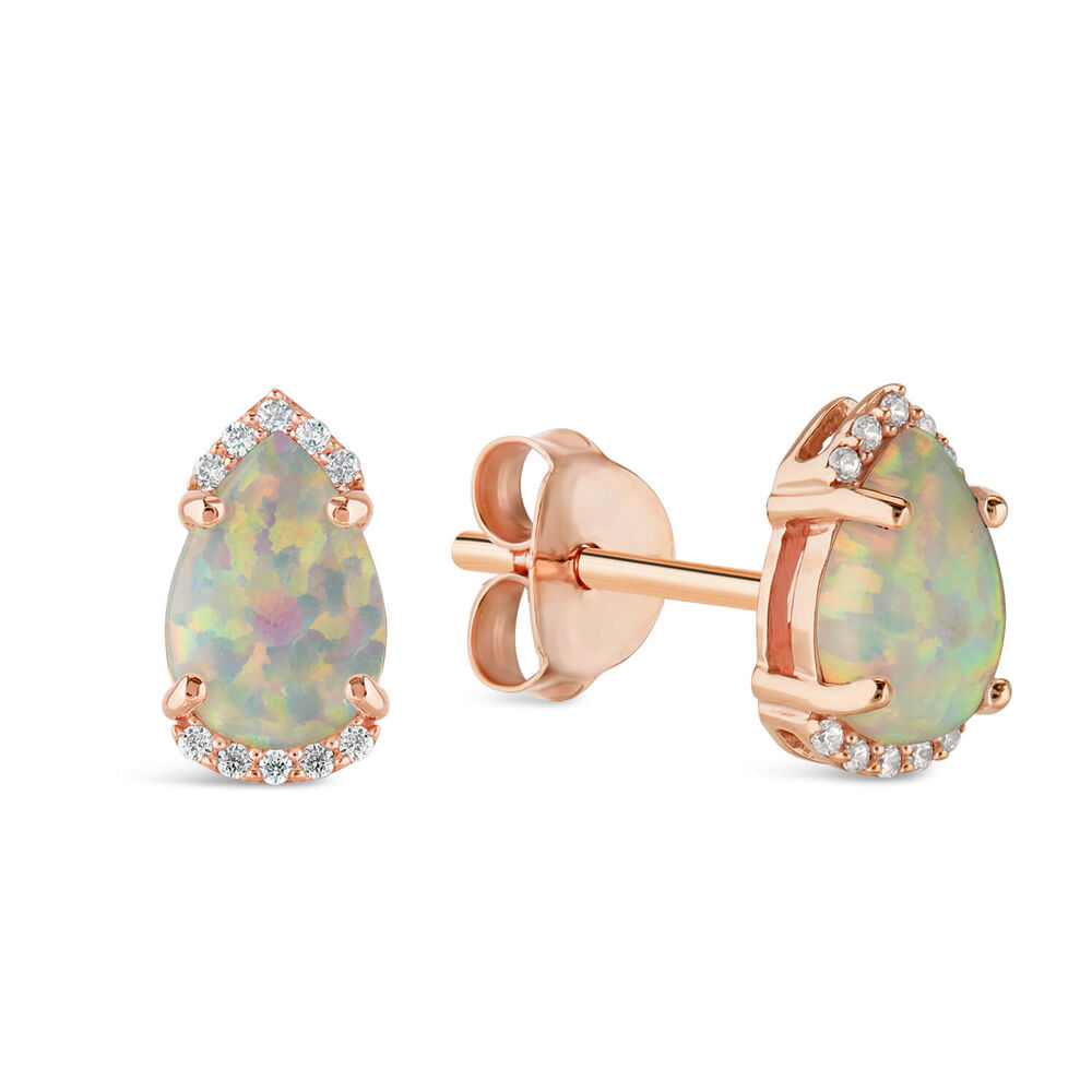 9ct Rose Gold Pear Opal Diamond Top & Bottom Stud Earrings image number 3