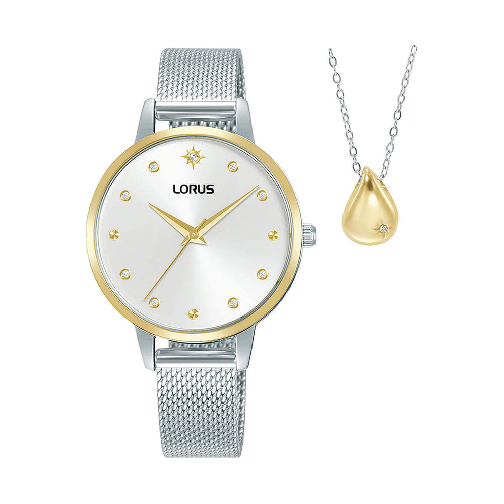 Lorus Quartz Ladies Gift Set 32mm Silver Dial Gold Tone Bezel Mesh Bracelet Watch image number 0