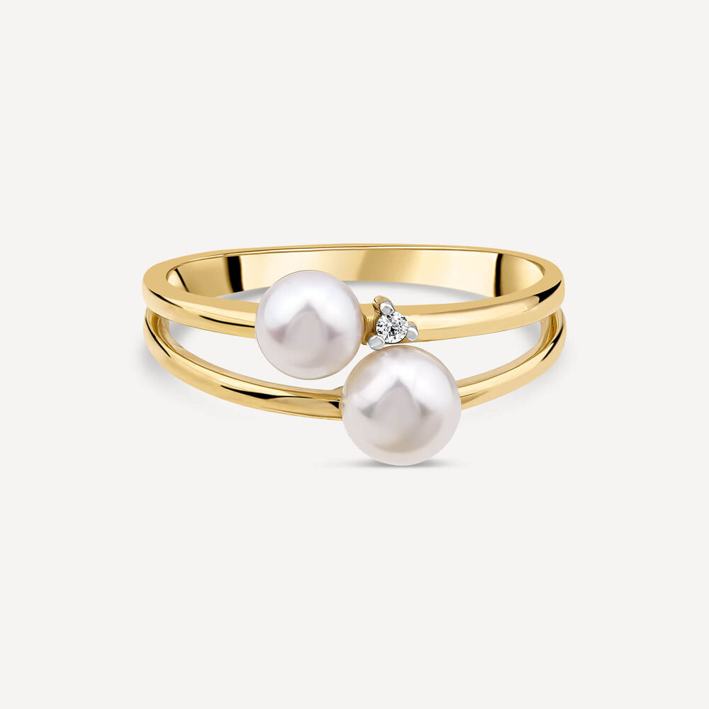 9ct Yellow Gold Diamond & Two Freshwater Pearls Double Band Ring image number 2