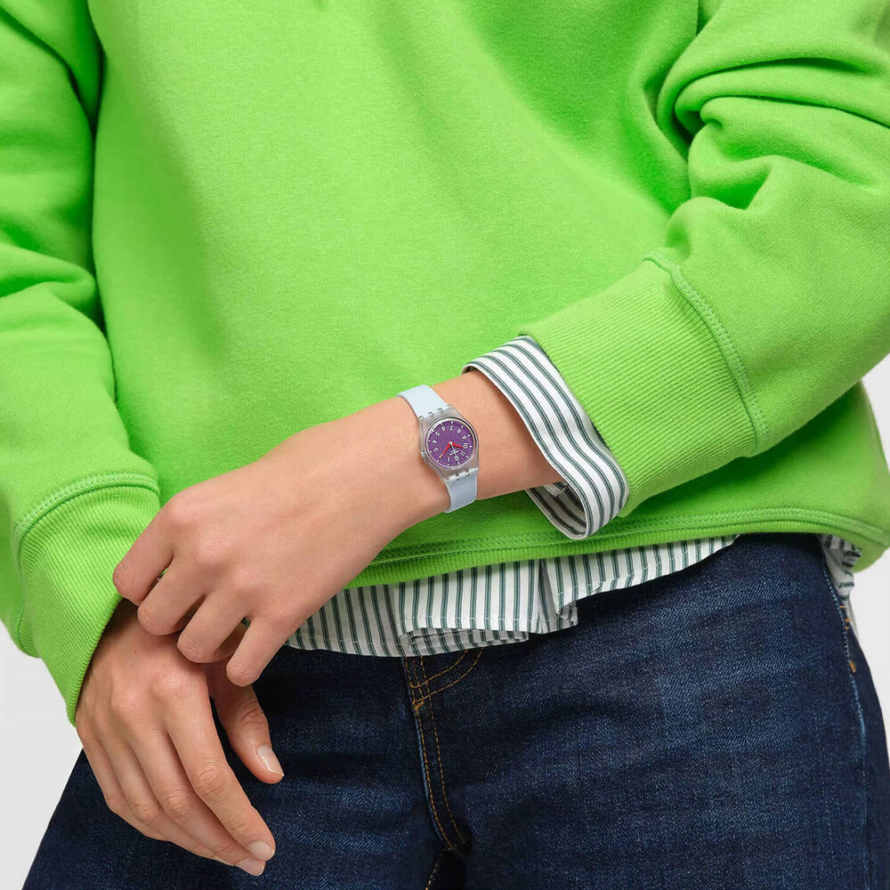 Swatch Powder Plum 25mm Purple Dial Blue Strap Watch image number 4
