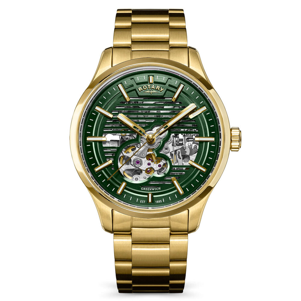 Rotary Greenwich Skeleton 42mm Green Dial Gold Plated Stainless Steel Bracelet Watch