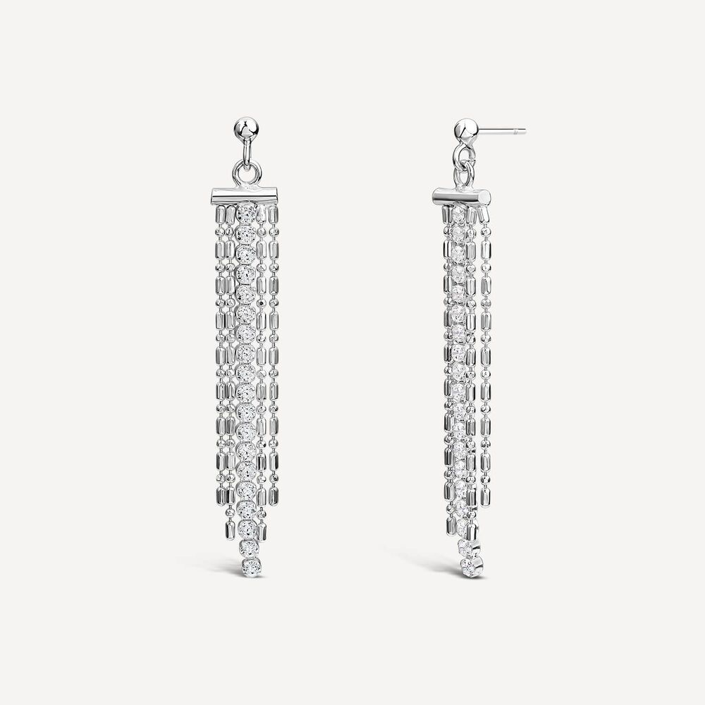 Sterling Silver & Cubic Zirconia Beads Fringe Drop Earrings image number 1