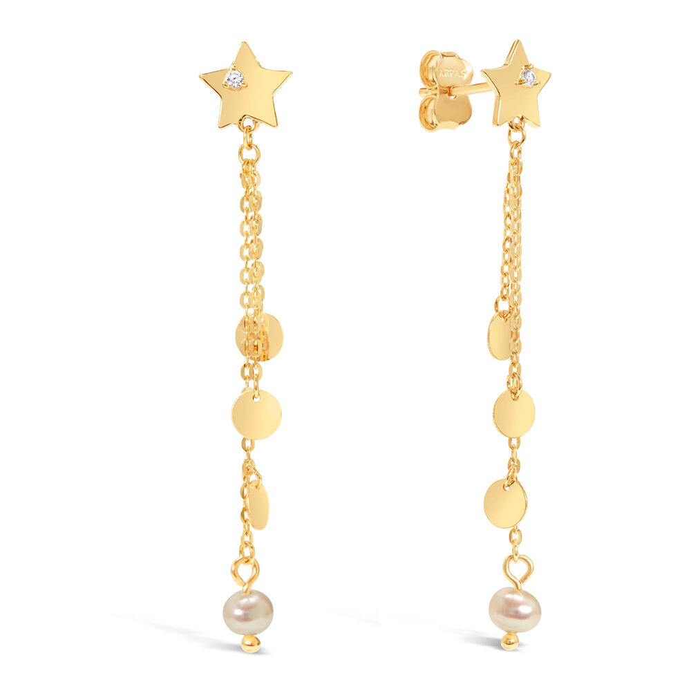 9ct Yellow Gold Star Pearl and Disc Drop Earrings