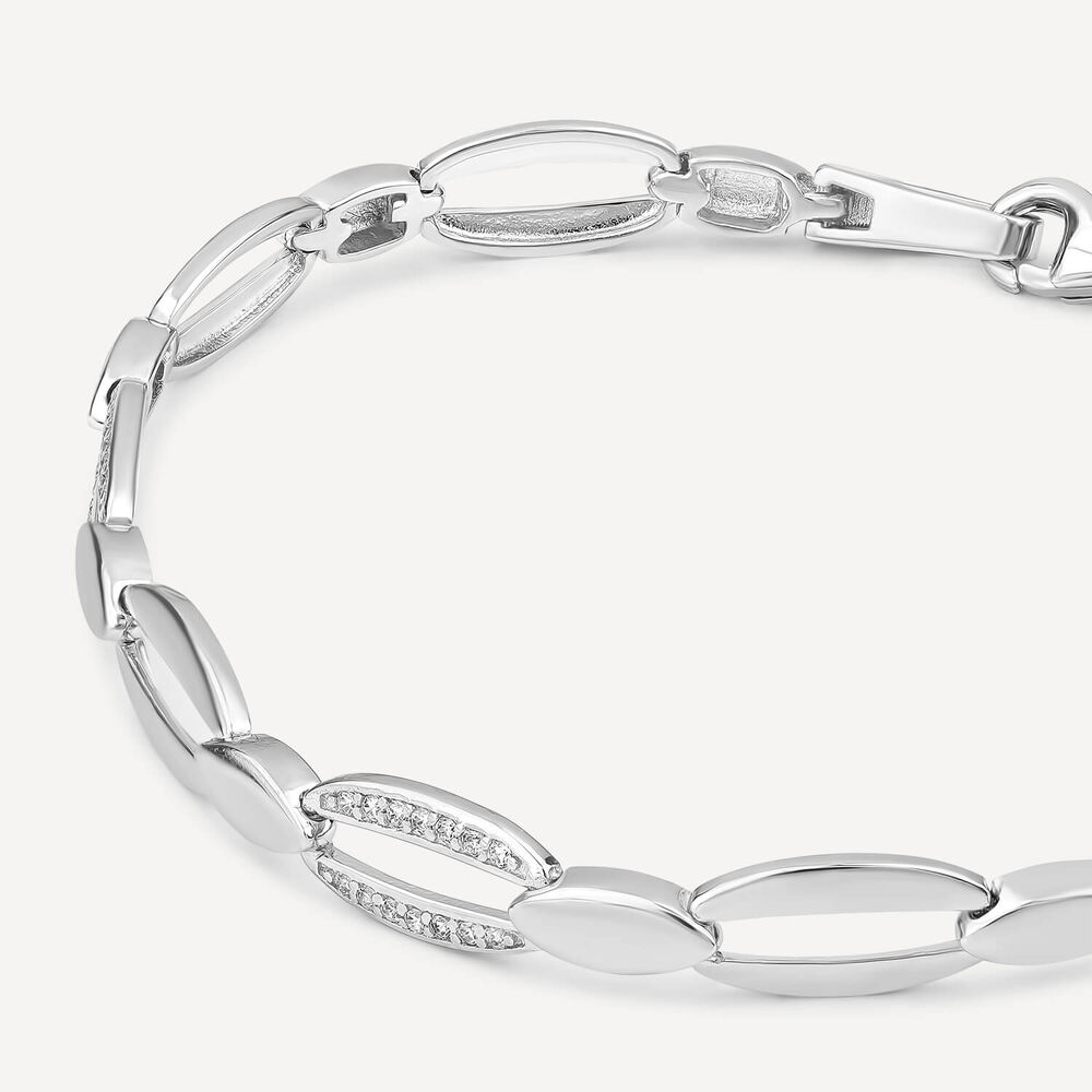 Sterling Silver Cubic Zirconia & Polished Open Oval Link Bracelet