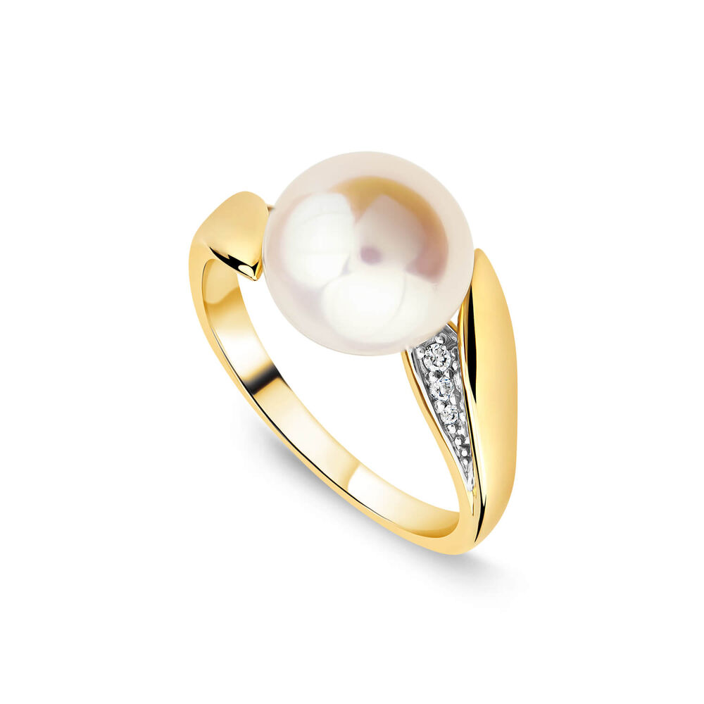 9ct Yellow Gold Freshwater Pearl 0.04ct Diamond Set Twist Shoulders Ring