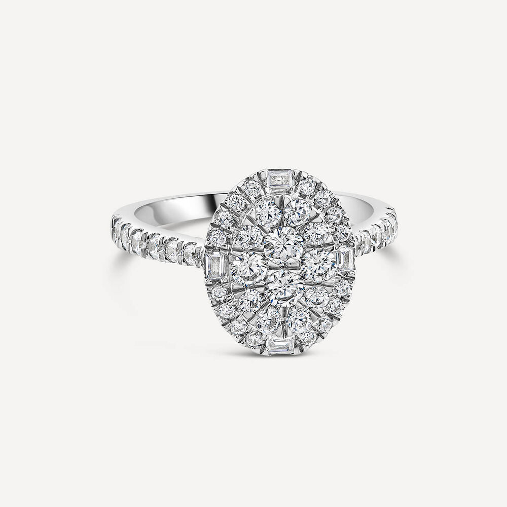 Platinum 1ct Oval Cluster Diamond & Shoulders Engagement Ring image number 2