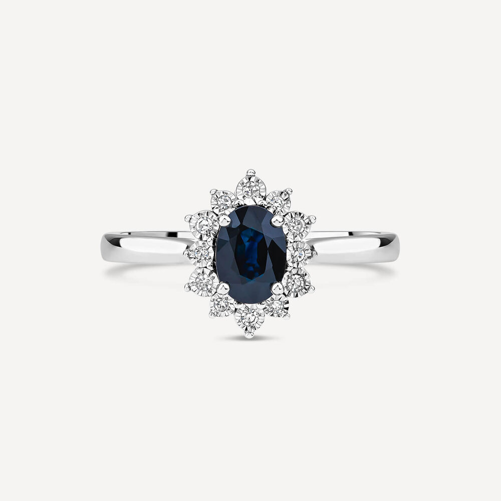 9ct White Gold Oval Sapphire Diamond Cluster Ring image number 1