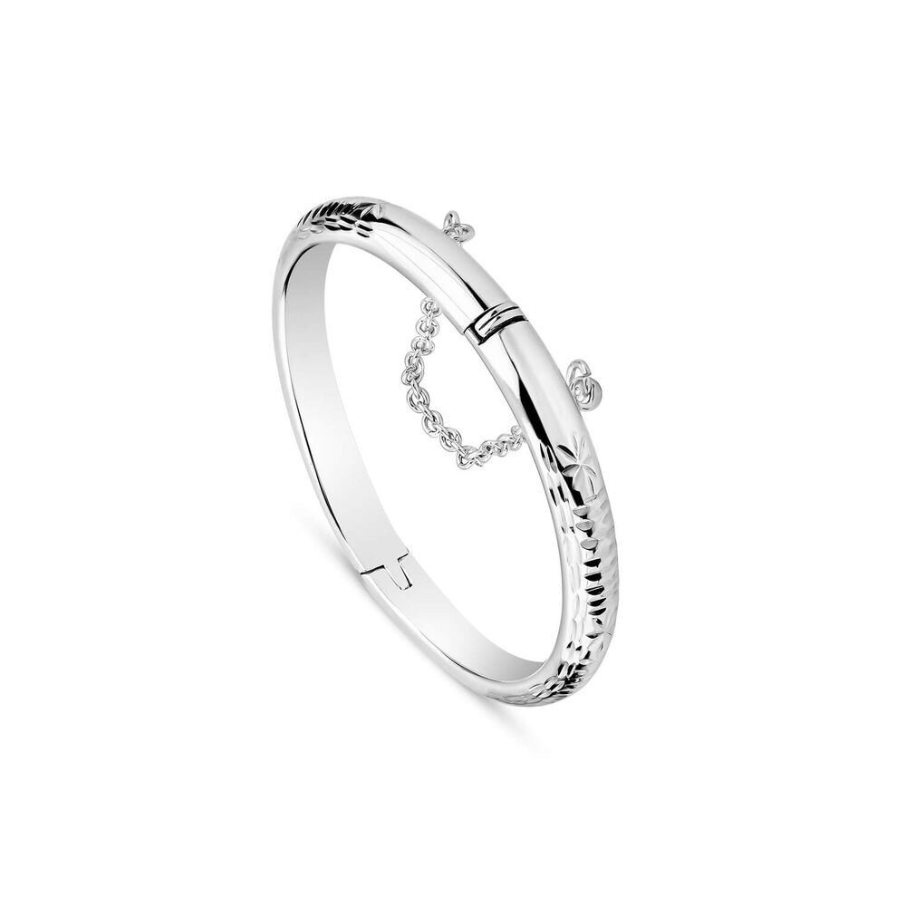 Sterling Silver Lines & Flower Engraved Safety Chain Baby Bangle image number 0