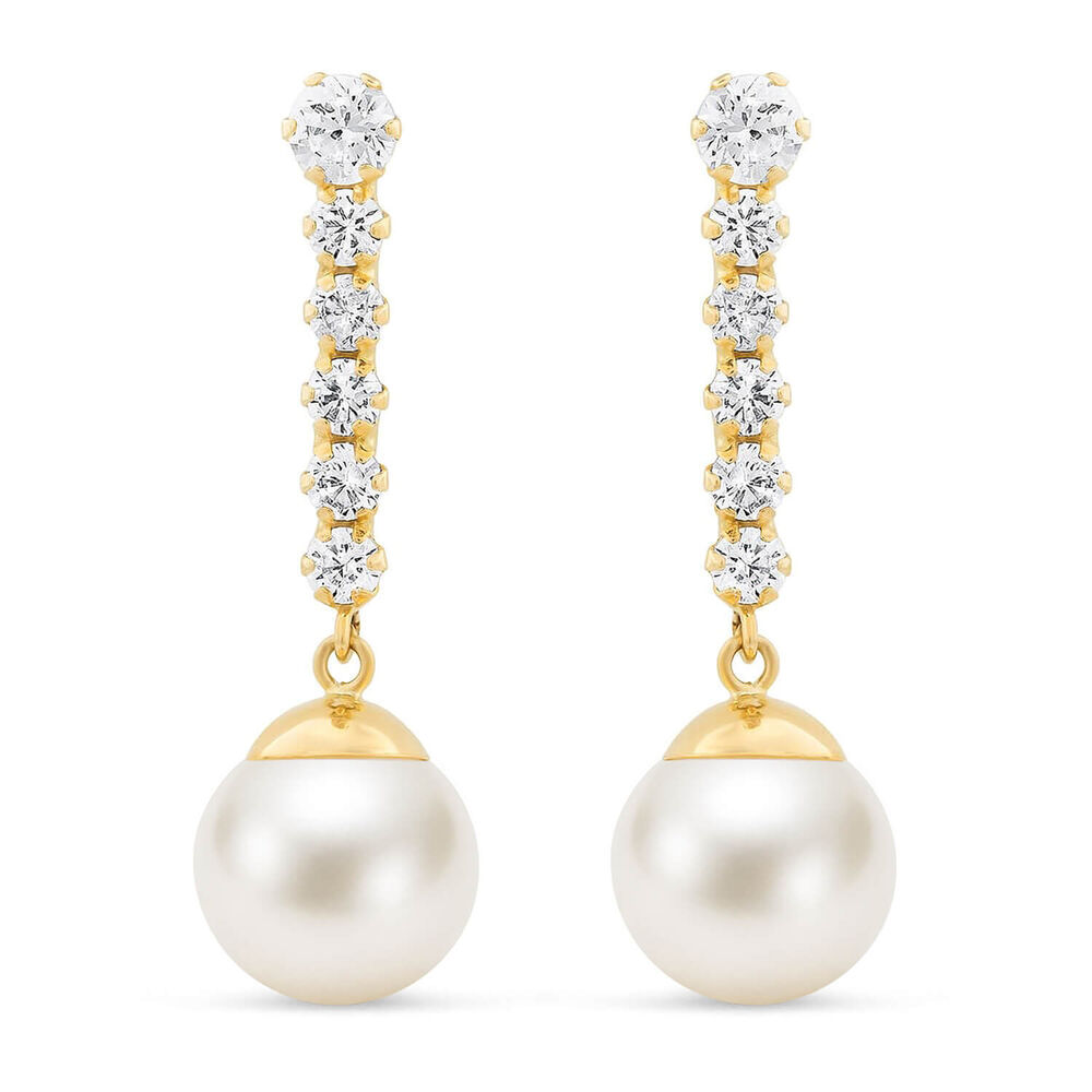 Ladies 9ct Gold Pearl Drop Earrings with Cubic Zirconia