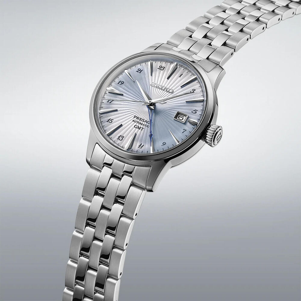 Seiko Presage Cocktail Time 'Skydiving' GMT 40.5mm Light Blue Dial Steel Bracelet Watch image number 2