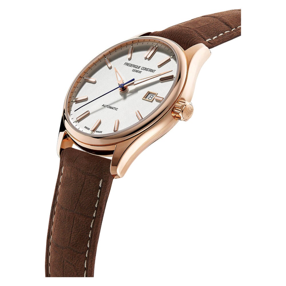 Frederique Constant Index Automatic Silver Dial Rose Gold Case Brown Strap Watch