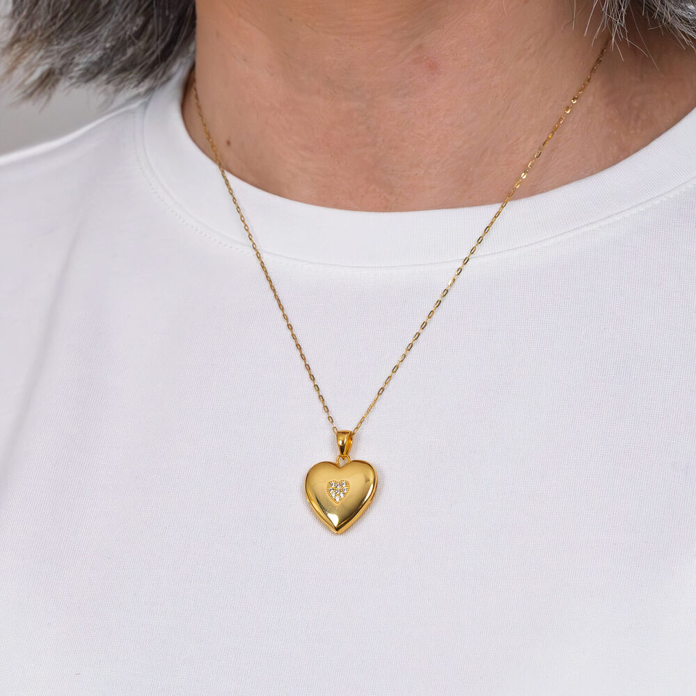 Yellow Gold Plated Sterling Silver Cubic Zirconia Centre Heart Locket Pendant