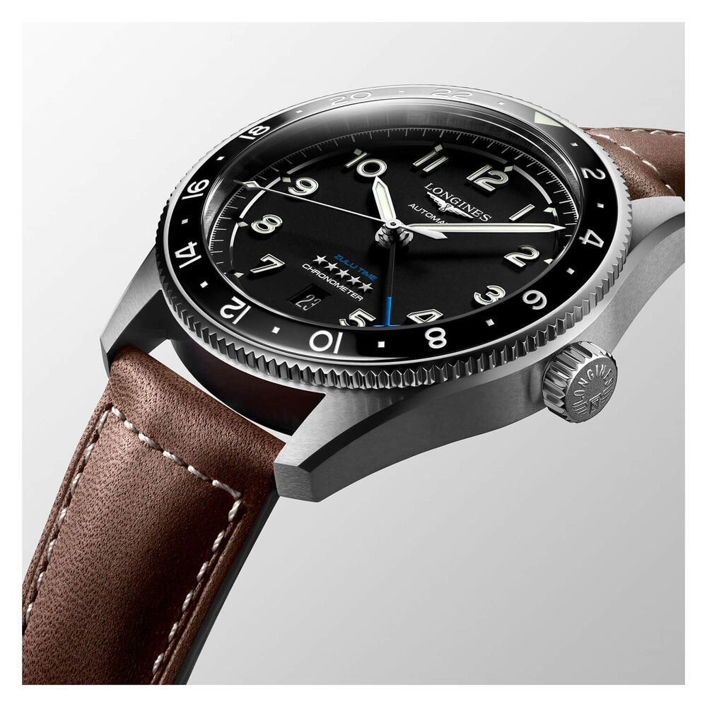 Longines Avigation Spirit Zulu 42mm Automatic Black Dial Black Bezel Steel Case Brown Leather Strap Watch
