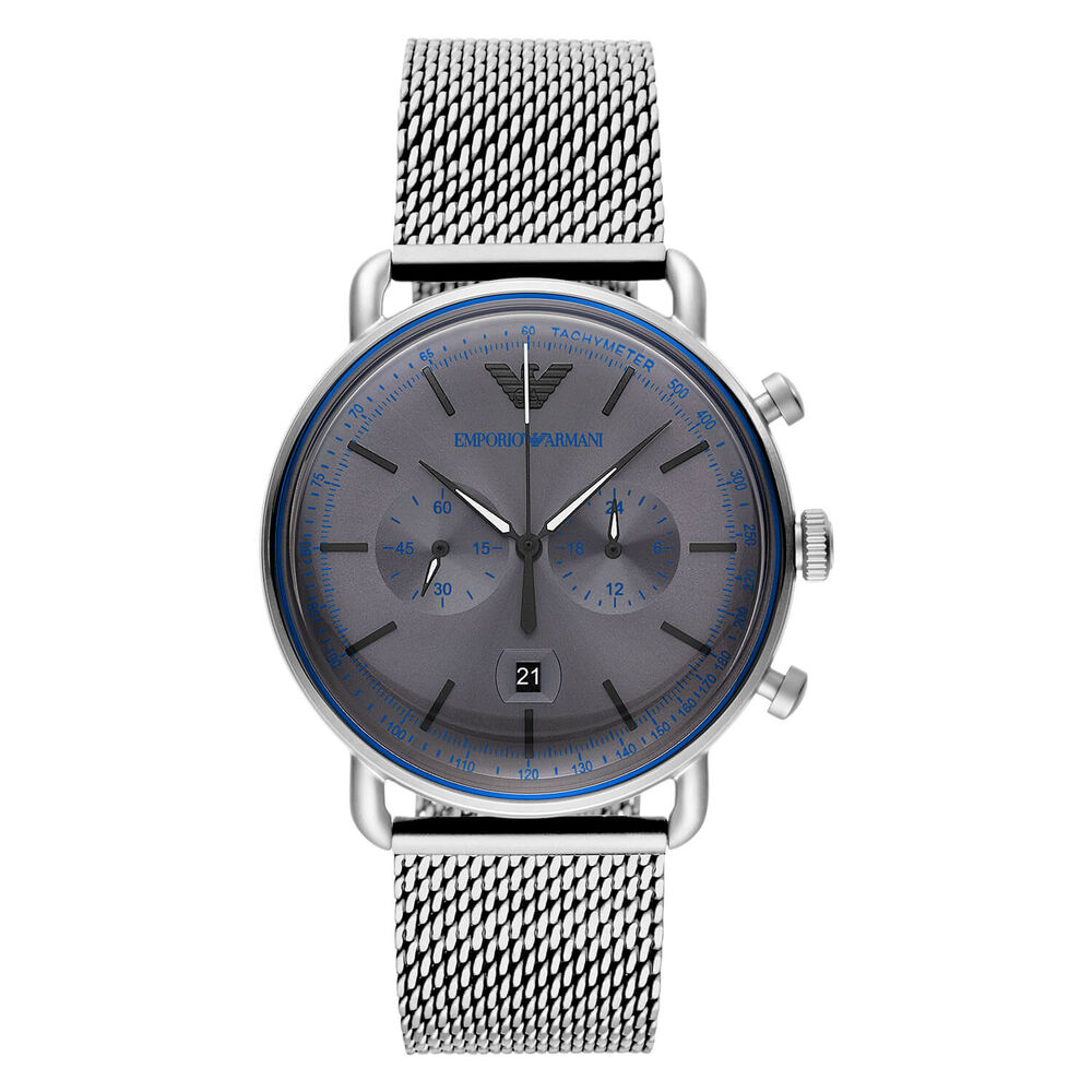 Emporio Armani Aviator 43mm Grey Chronograph Dial Steel Case Mesh Bracelet Watch