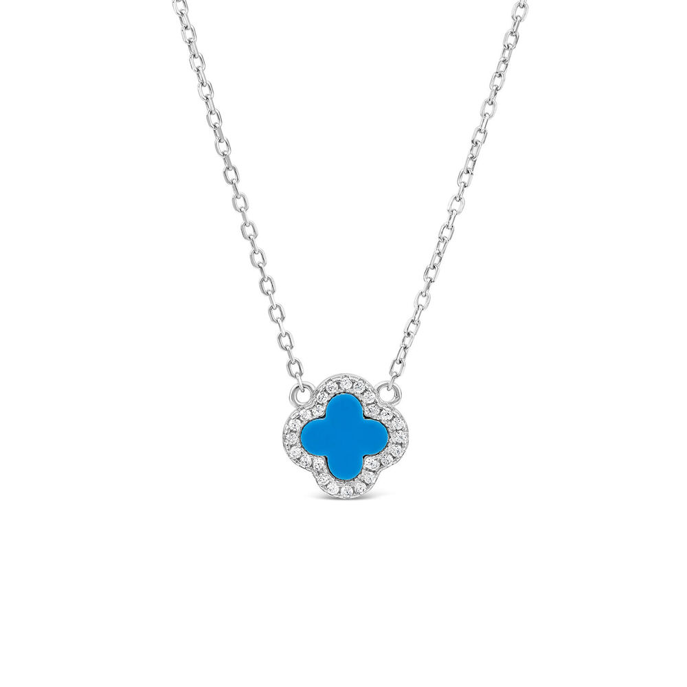 Sterling Silver Turqoise Centre Cubic Zirconia Set Clover Petal Necklet image number 0