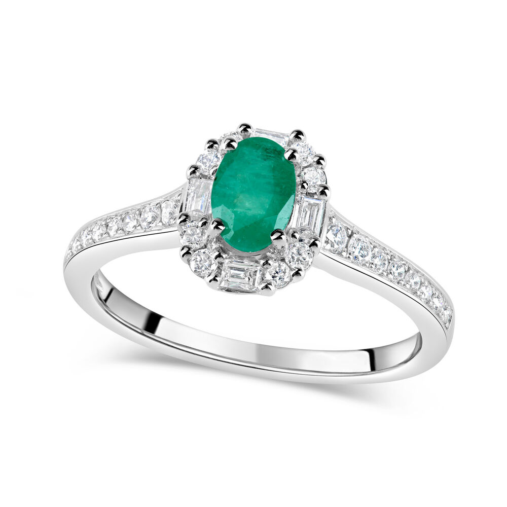 9ct White Gold Oval Emerald & 0.22ct Diamond Ring