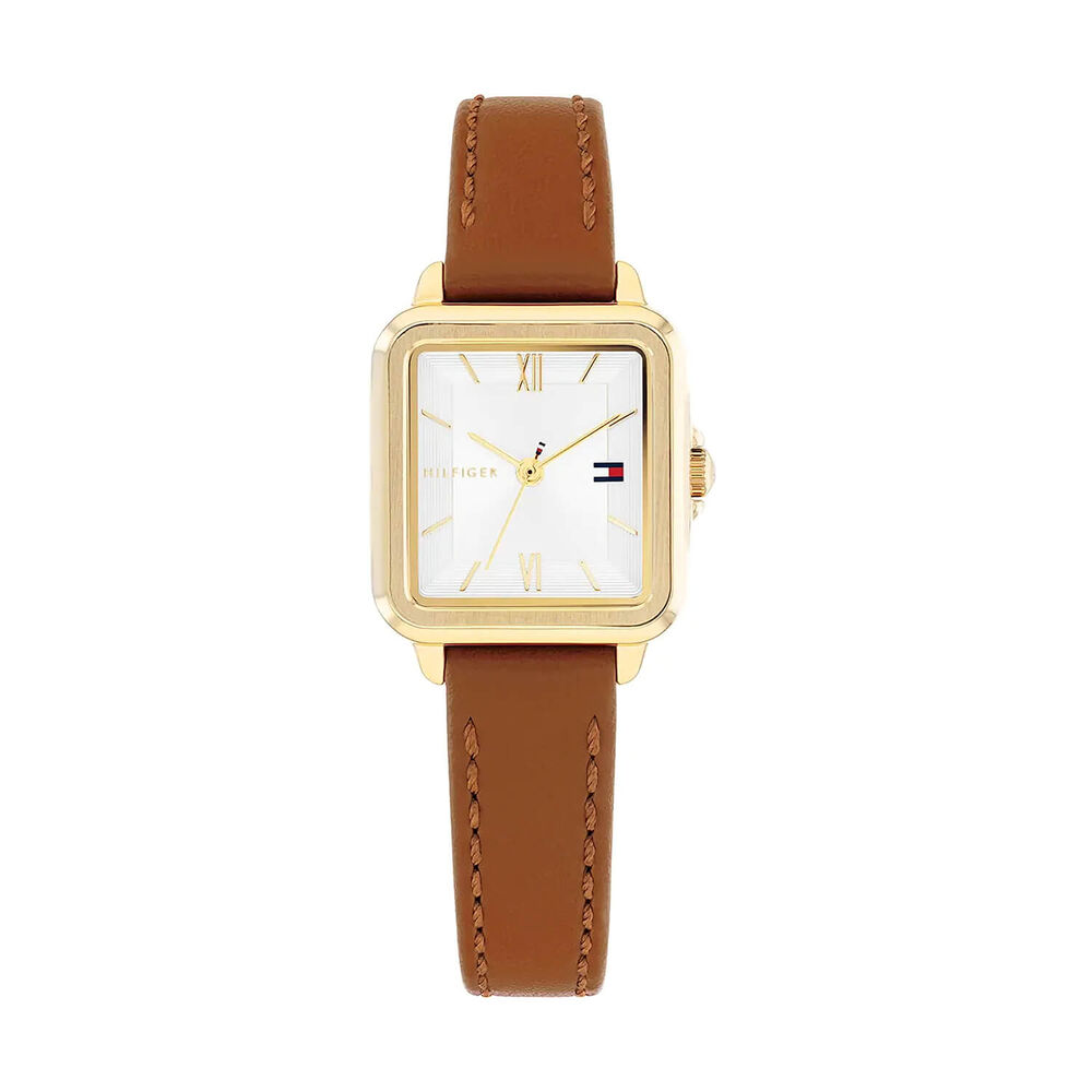 Tommy Hilfiger Mia 24 x 22.5mm Silver Dial Yellow Gold Plated Case Leather Strap Watch