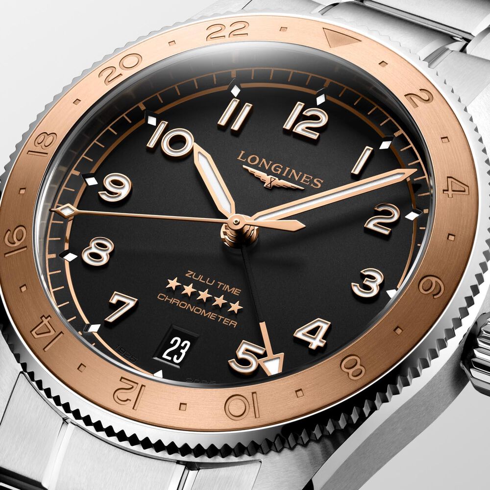 Longines Spirit Zulu Time 1925 39mm Black Dial 18kt Rose Gold Bezel Steel Bracelet Watch image number 4