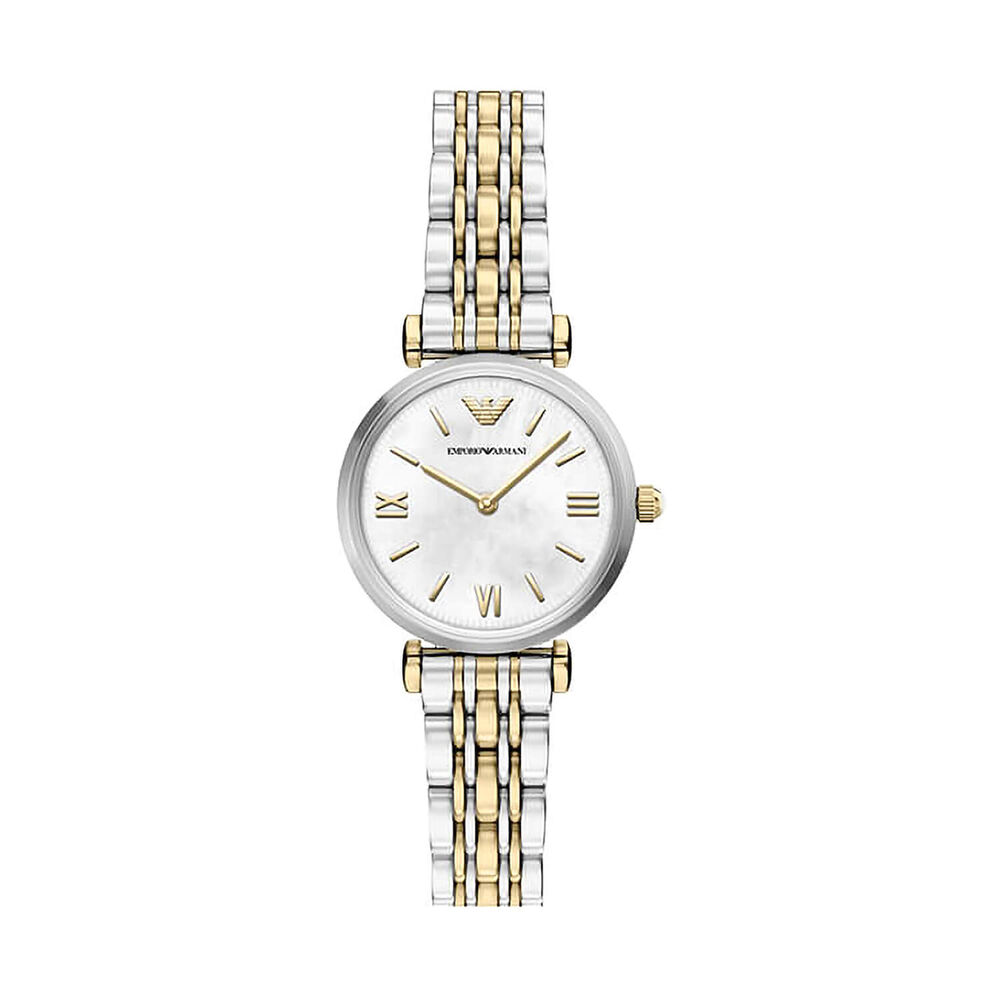 Emporio Armani Gianni T-Bar 28mm Mother of Pearl Dial Two Tone Stainless Steel Bracelet Watch