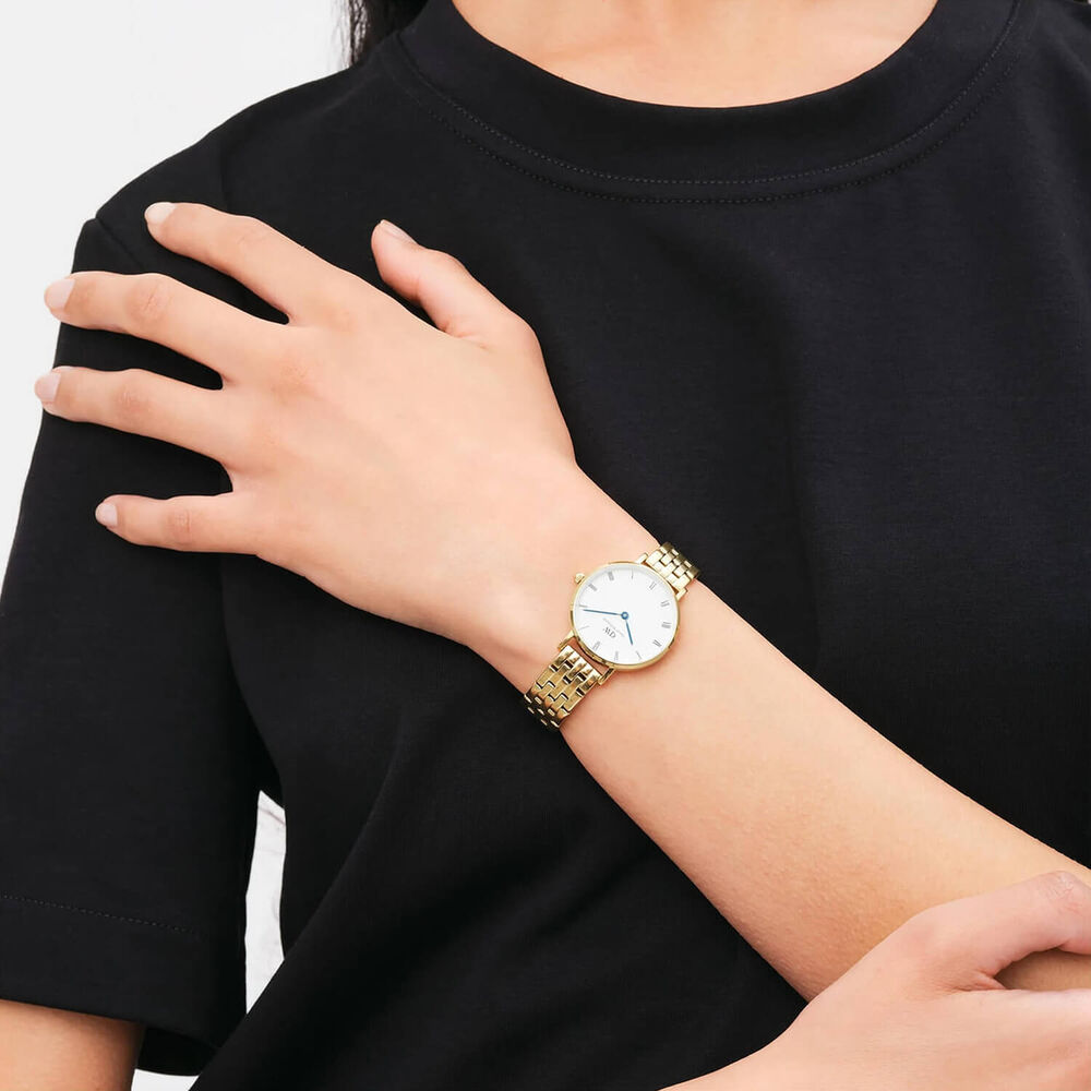 Daniel Wellington Petite Roman Numerals 28mm White Dial 5-Link Gold PVD Bracelet Watch image number 3