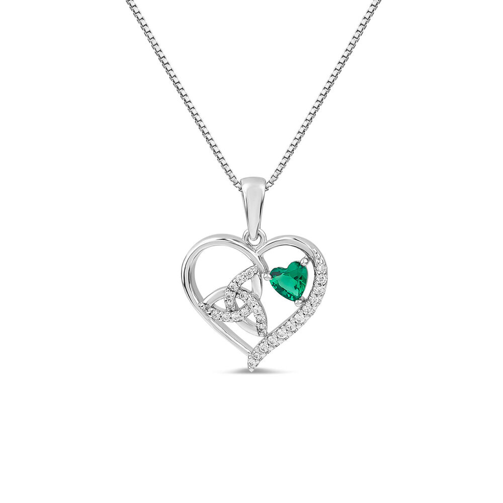 Sterling Silver Green & White Cubic Zirconia Trinity Knot Heart Shaped Pendant