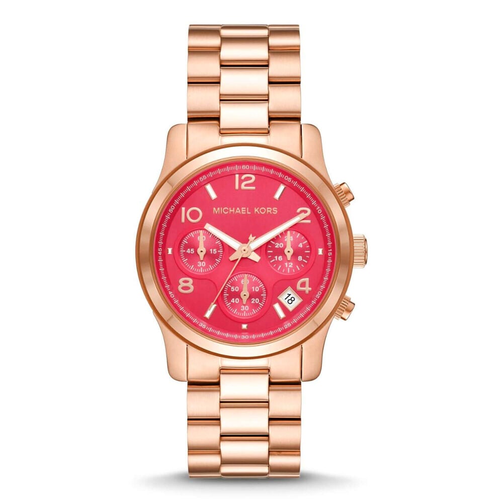 Michael Kors Runway 38mm Pink Chronograph Dial Rose Gold PVD Bracelet Watch image number 0