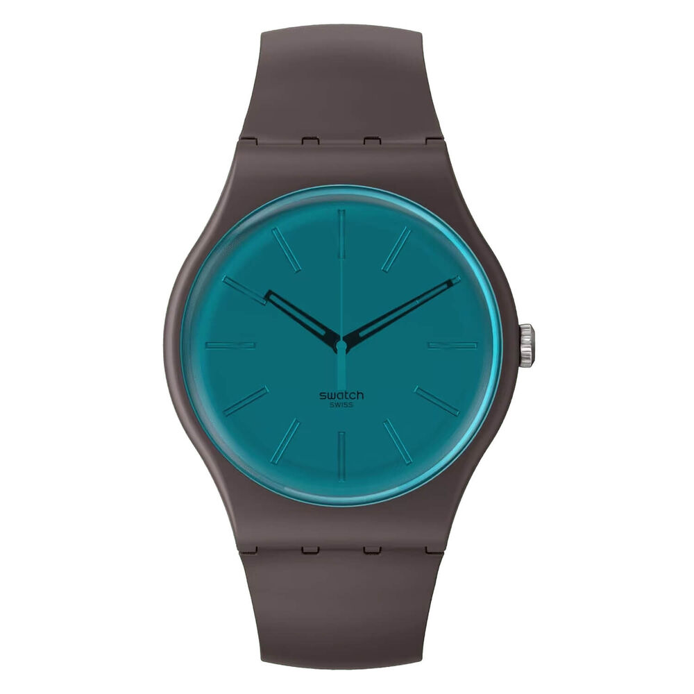 Swatch Dark Duality 41mm Blue Dial Brown Strap Watch