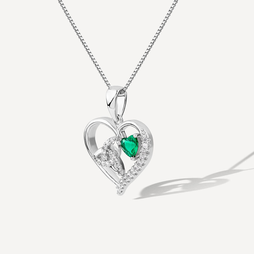 Sterling Silver Green & White Cubic Zirconia Trinity Knot Heart Shaped Pendant