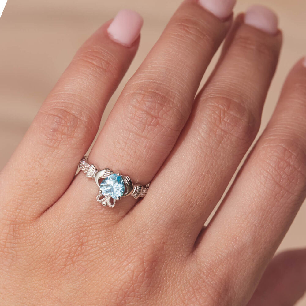 Sterling Silver Claddagh Birthstone March Cubic Zirconia Shoulder Set Ring