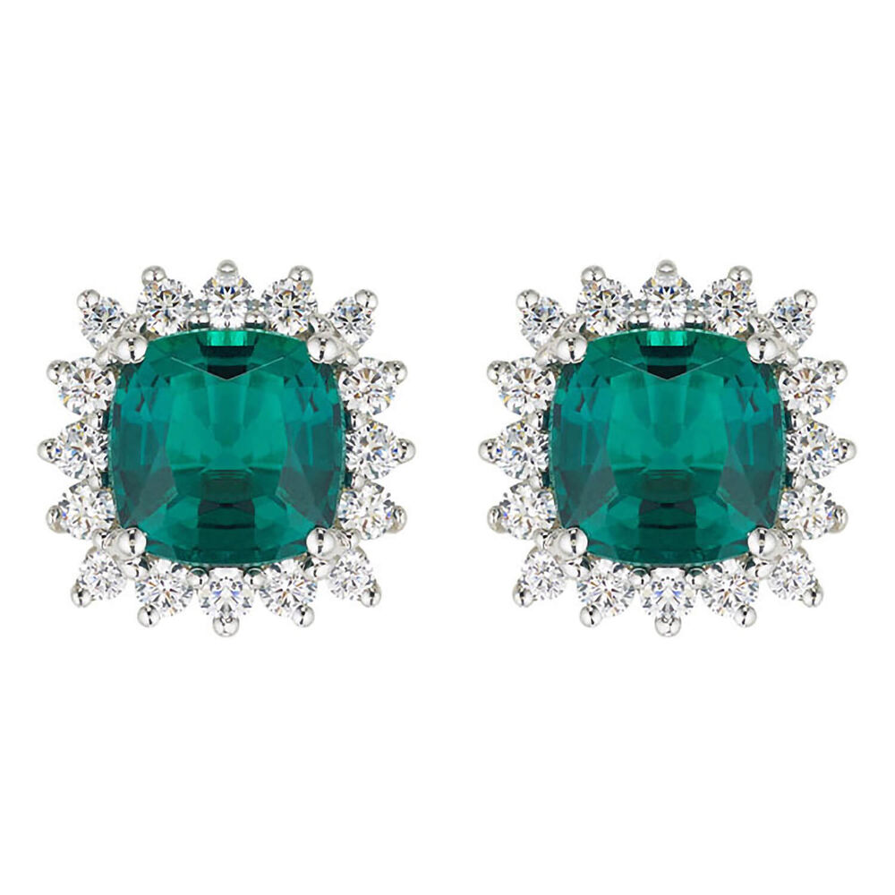 Ladies 9ct White Gold and Emerald Cluster Earrings image number 0
